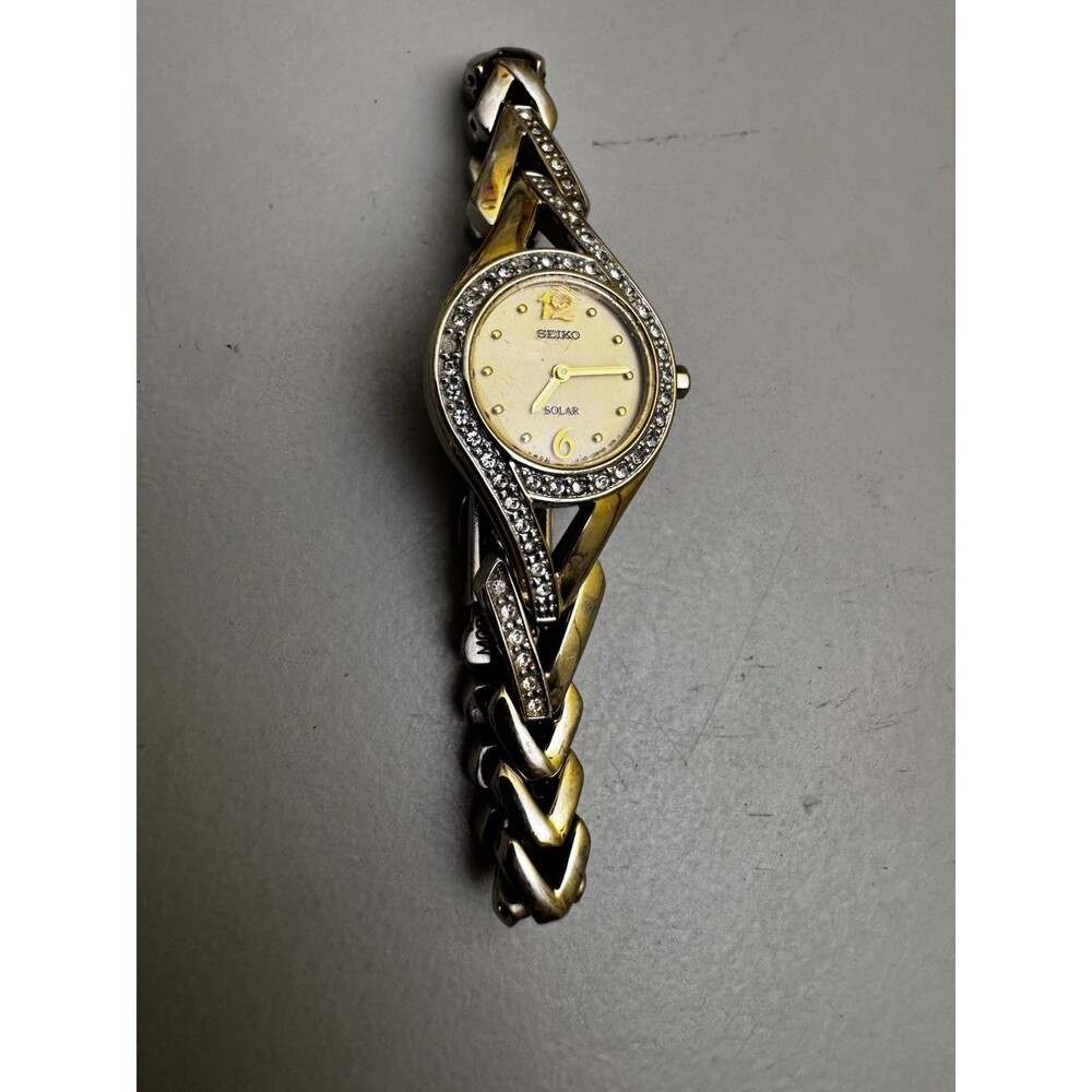 Seiko Solar Womens Watch Gold Tone Crystal Bracelet V115-0AP0 6.75"